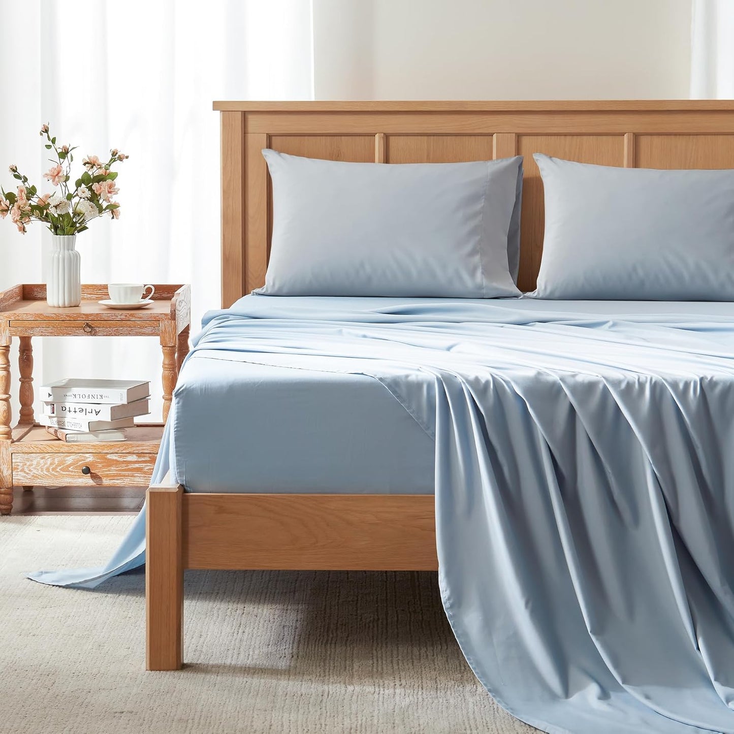 Coolmax Moisture Wicking Sheet Set Soft, Fade Resistant, All Elastic Deep Pocket Fits up to 16" Mattress - Warm Weather Cooling Sheets for Night Sweats, Cal King, Blue, 4 Piece