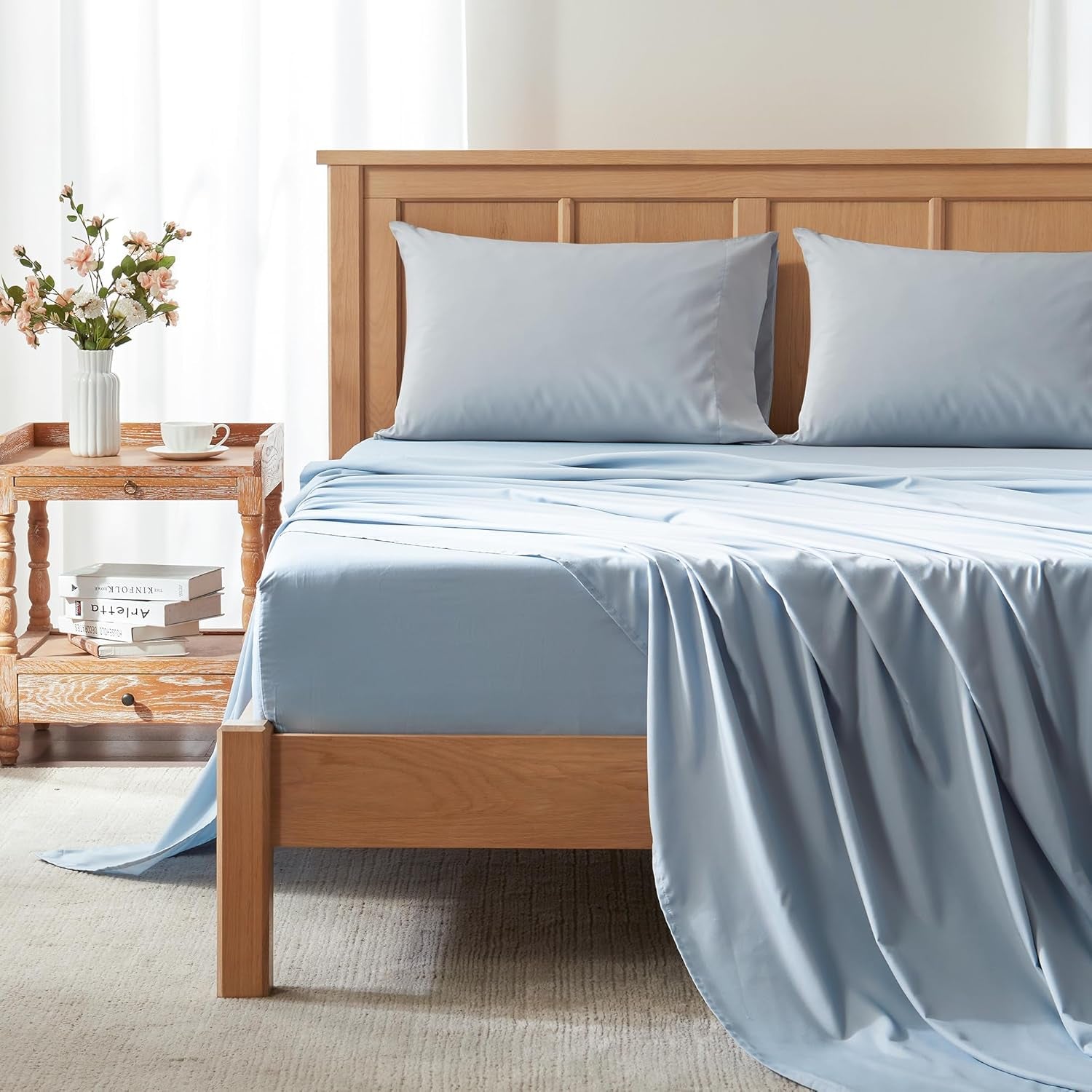 Coolmax Moisture Wicking Sheet Set Soft, Fade Resistant, All Elastic Deep Pocket Fits up to 16" Mattress - Warm Weather Cooling Sheets for Night Sweats, Cal King, Blue, 4 Piece