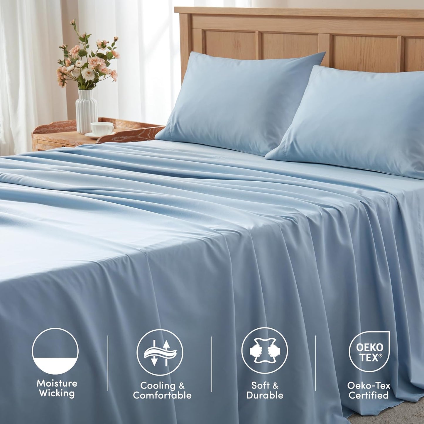 Coolmax Moisture Wicking Sheet Set Soft, Fade Resistant, All Elastic Deep Pocket Fits up to 16" Mattress - Warm Weather Cooling Sheets for Night Sweats, Cal King, Blue, 4 Piece